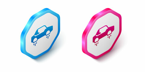 Isometric Fantastic flying car icon isolated on white background. Hover car future technology future transport. Hexagon button. Vector