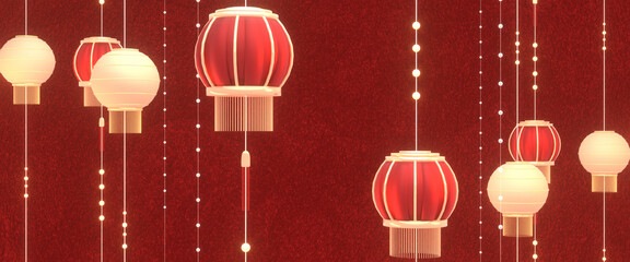 3d rendered Chinese New Year red lanterns, gold lanterns, and strings with glowing light bulbs.