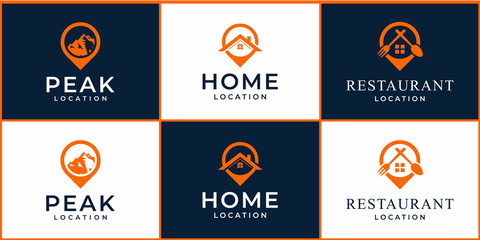 map location logo with home , peak , restaurant design vector