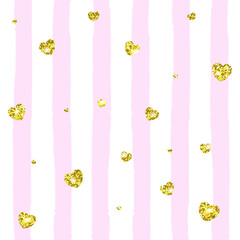 Vector illustration with pink stripes and gold glitter heart. Background with white and pink strips