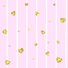 Vector illustration with pink stripes and gold glitter heart. Background with white and pink strips