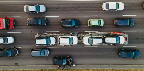 Automobile route. The car broke down. Aerial view.