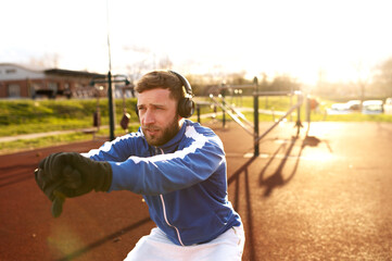 happy guy in full strength outdoor exercise