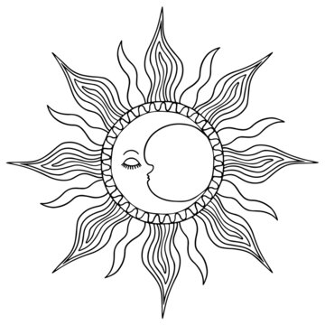mystical logos with the sun. vector drawings for tattoo, boho design, astrology, horoscope.