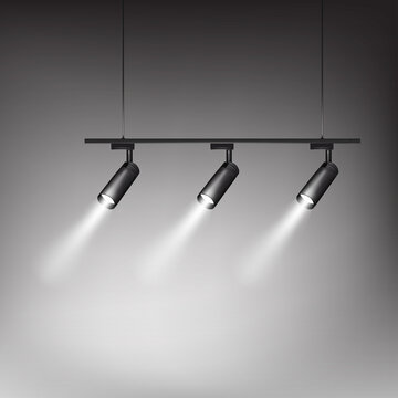 Modern track light. Hanging rotating spot light. Pendant interior spotlight. Black metal lamp. Realistic vector illustration