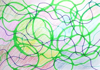 abstract background with circles, lines, colors draw with pencil and colorful markers on paper
