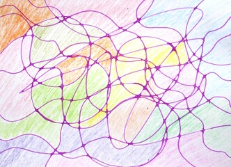 abstract background with circles, lines, colors draw with pencil and colorful markers on paper