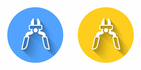 White Pliers tool icon isolated with long shadow background. Pliers work industry mechanical plumbing tool. Circle button. Vector