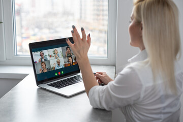 Fototapeta na wymiar Woman Working From Home Having Group Videoconference On Laptop