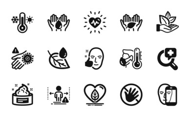 Vector set of Sick man, Wash hand and Medical analyzes icons simple set. Social distance, Fair trade and Face biometrics icons. Healthy face, Local grown and Skin cream signs. Vector