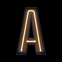 Neon retro Light Alphabet letter A isolated on a black background with Clipping Path. 3d illustration.