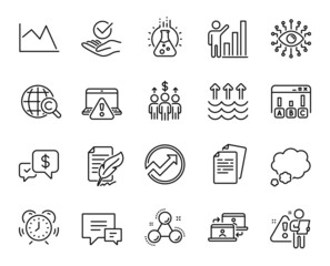 Vector set of Talk bubble, Meeting and Feather signature line icons set. Online warning, Line chart and Evaporation icons. Graph chart, Outsource work and Comment signs. Talk bubble web symbol. Vector