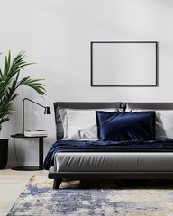 empty horizontal frame mockup in modern bedroom interior for mock up, 3d illustration