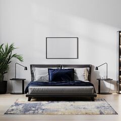 picture frame mock up in home bedroom interio with bed and dark blue pillow, bedside tables, plant with white wall, 3d illustration