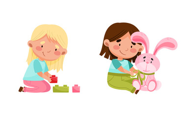 Cute little girls playing with toys set cartoon vector illustration