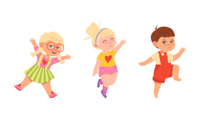 Happy kids dancing set. Energetic little children having fun cartoon vector illustration