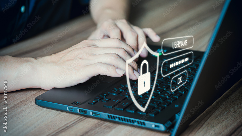 Leinwandbilder Man typing login and password, cyber security concept, Secure encryption and access to the user's private information to access the Internet.