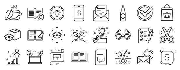 Set of line icons, such as Startup concept, Serum oil, Stats icons. Packing boxes, Architectural plan, Online buying signs. Share mail, Sunglasses, Beer bottle. Comments, Creative idea. Vector