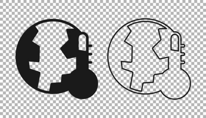 Black Planet earth melting to global warming icon isolated on transparent background. Ecological problems and solutions - thermometer. Vector