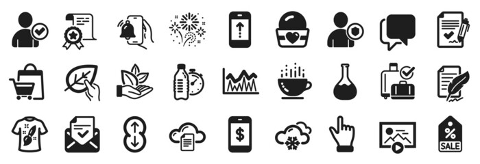 Set of Business icons, such as Investment, Chemistry lab, Swipe up icons. Certificate, Ice cream, T-shirt design signs. Alarm clock, Approved agreement, Feather signature. Scroll down. Vector