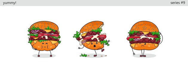 Hamburger. Set of cute kawaii characters. Funny cartoon fast food icons in different situations. Vector comic style graphics