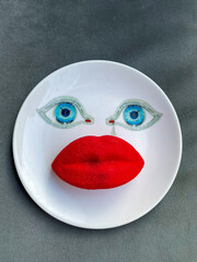 A plate with a face print, blue eyes and a cake in the form of red lips