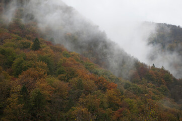 Autumn Mountain Landscape with Clouds. Tolmin, Slovenia