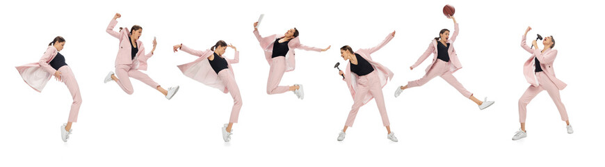Set of excited, cheerful girl, office worker dancing, singing in business style clothes on white....