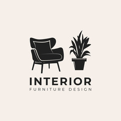 Minimalist living room interior with chair, indoor plant and home light logo design. Room with outline armchair, home decor vector design. Furniture design logotype