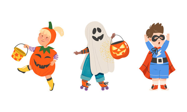 Kids in halloween costumes set. Cute children dressed as pumpkin, ghost and superhero cartoon vector illustration