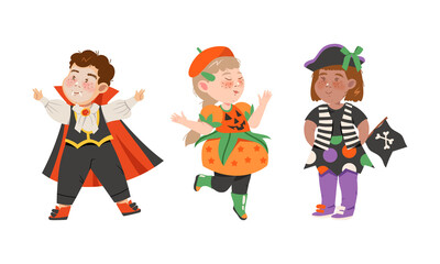 Kids in halloween costumes set. Cute children dressed as vampire, pumpkin and devil cartoon vector illustration