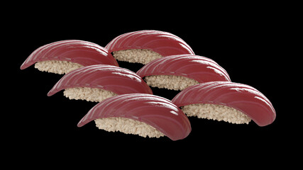 Maguro Nigiri (Tuna Sushi) arranged in a classic offset array of 6 pieces - diagonal view, brightly...