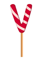 Letter V from striped red and white lollipops. Festive font or decoration for holiday or party. Vector flat illustration