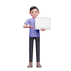 boy standing offering product by showing laptop screen 3d render character illustration