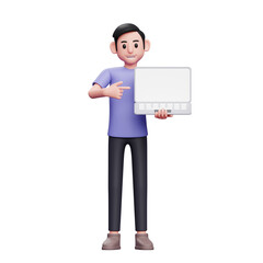 casual man standing holding laptop and pointing at laptop screen 3d render character illustration
