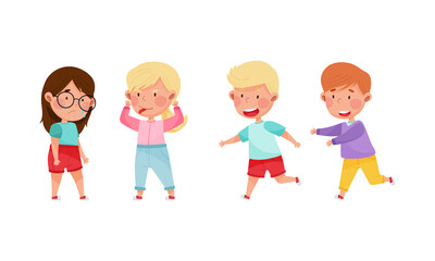Cute kids playing together and teasing each other cartoon vector illustration