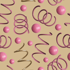 Seamless pattern 3d graphics Geometric shapes spirals and balls Pink and gold