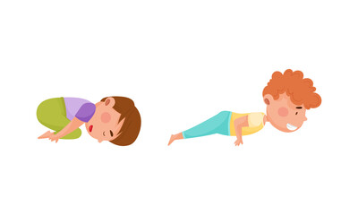 Kids doing yoga in different yoga poses. Cute boys doing sports exercises cartoon vector illustration