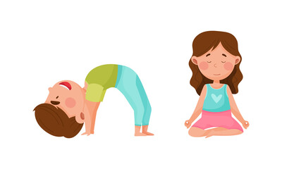 Obraz na płótnie Canvas Adorable kids doing yoga set. Cute girls doing sports cartoon vector illustration