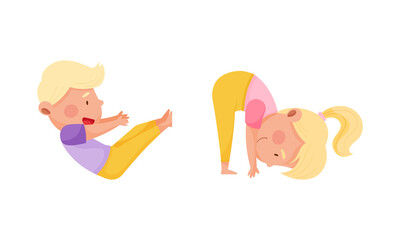 Cute boy and girl doing yoga in different poses cartoon vector illustration