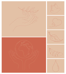 Logo with hands. Logos for ecological organizations. Earth symbol, ecology, pigeon, leaf, water drop. Water safe movement.