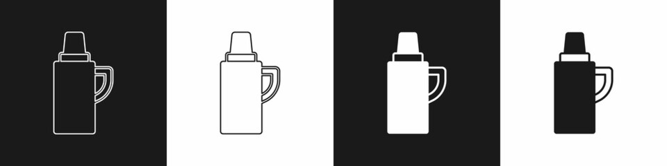 Set Thermos container icon isolated on black and white background. Thermo flask icon. Camping and hiking equipment. Vector