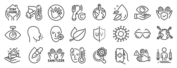 Set of Medical icons, such as Eye drops, Pandemic vaccine, Stay home icons. Electronic thermometer, Coronavirus, Insurance hand signs. Fever, Health app, Problem skin. Health eye, Cough. Vector - obrazy, fototapety, plakaty