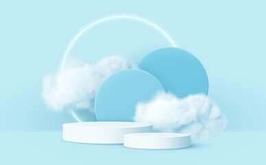 3d realistic podium product and smoke clouds. Blue and white 3d render scene with product podium display and clouds. Vector illustration - obrazy, fototapety, plakaty