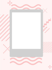 Postcard with copy space. Frame on a pink background with abstract shapes in the background. Gray frame with white window for copy.