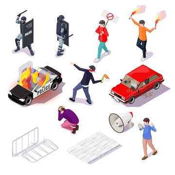 Protest action isometric icon set. Police officer, protester, burning car. Riot, revolution, demonstration, rally strike