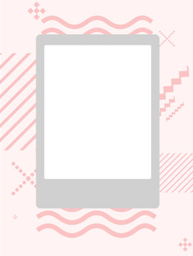Postcard with copy space. Frame on a pink background with abstract shapes in the background. Gray frame with white window for copy.