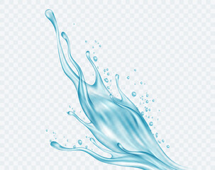 Water splash. Realistic transparent isolated splash of water with drops isolated on transparent background. Vector illustration