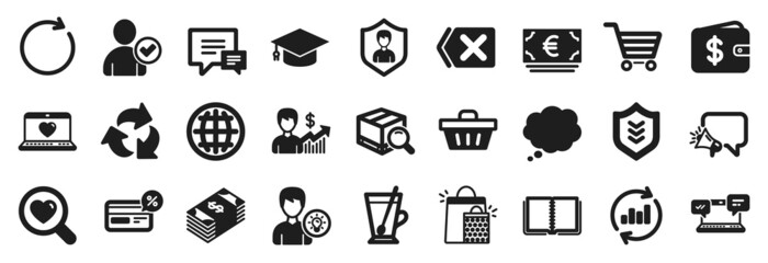 Set of simple icons, such as Web love, Shield, Search love icons. Book, Euro currency, Person idea signs. Globe, Market sale, Search package. Comic message, Security agency, Tea mug. Vector