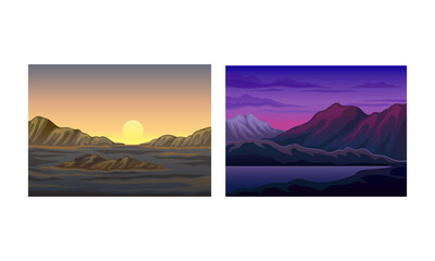 Beautiful scenes of nature set. Natural mountain landscape at sunrise and sunset vector illustration
